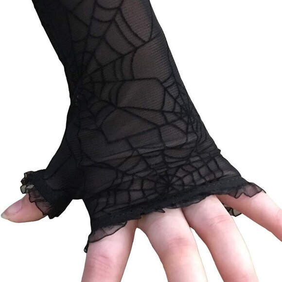 Halloween Skeleton Gloves for Women Men Stretchy Knitted Fingerless Hand Warmer - Picture 7 of 8